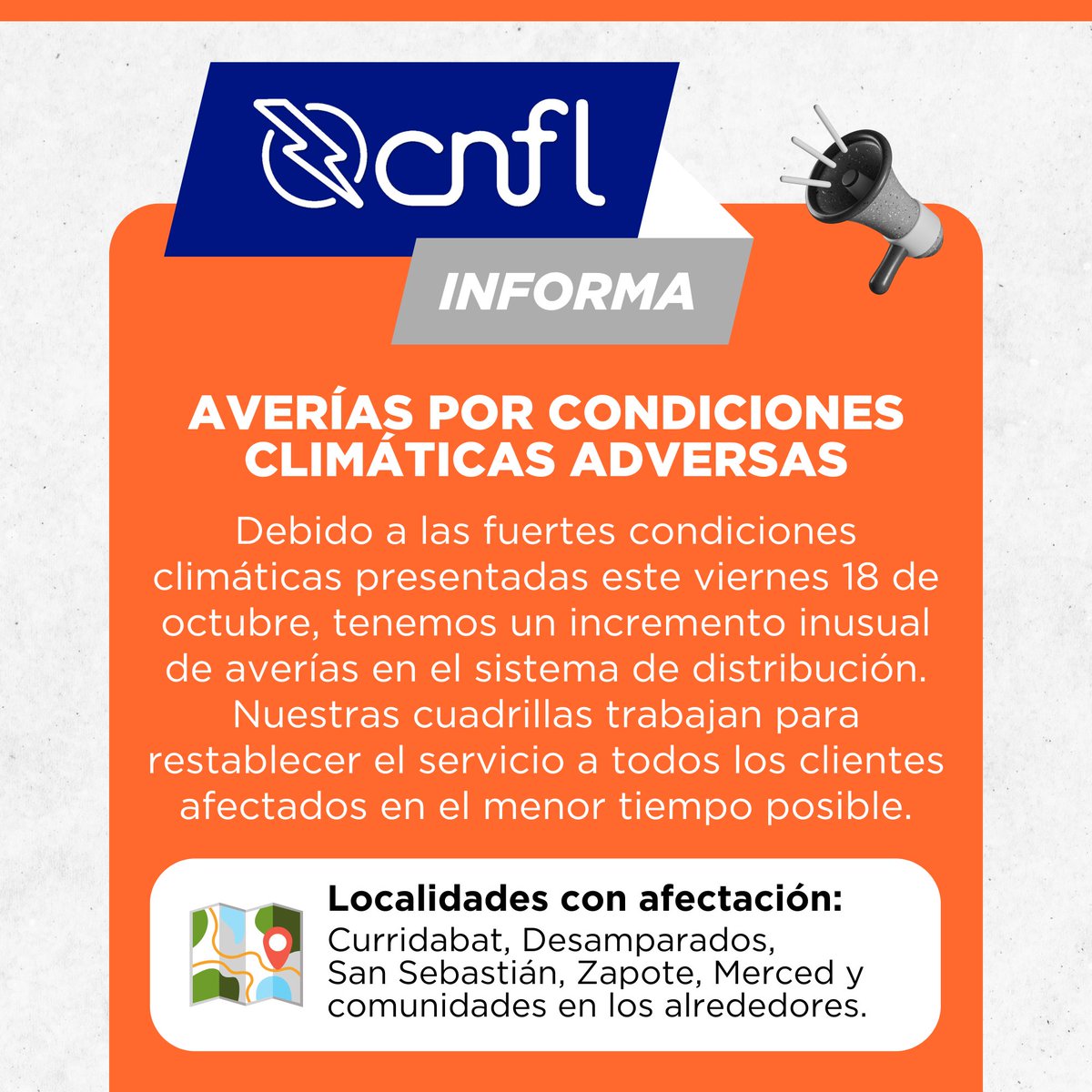 cnflcr's tweet photo. #CNFLinforma: Trabajamos para restablecer el servicio en el menor tiempo posible. https://t.co/q5tq5jD28a