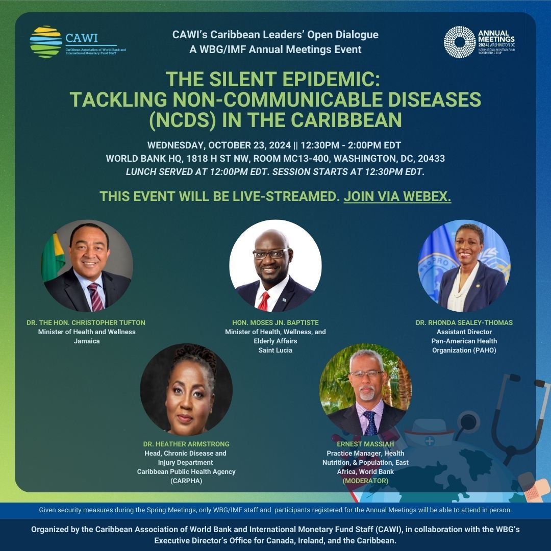cawidc's tweet photo. Join us at our Caribbean Leaders Open Dialogue during the @WorldBank 2024 Annual Meetings!
“The Silent Epidemic: Tackling Non-Communicable Diseases (NCDs) in the Caribbean”
Wednesday, October 23, 2024 || 12:30pm - 2pm ET
RSVP here: https://t.co/fjQYlaeHrE
#NCDs in the #Caribbean https://t.co/3SVuYEAXL6