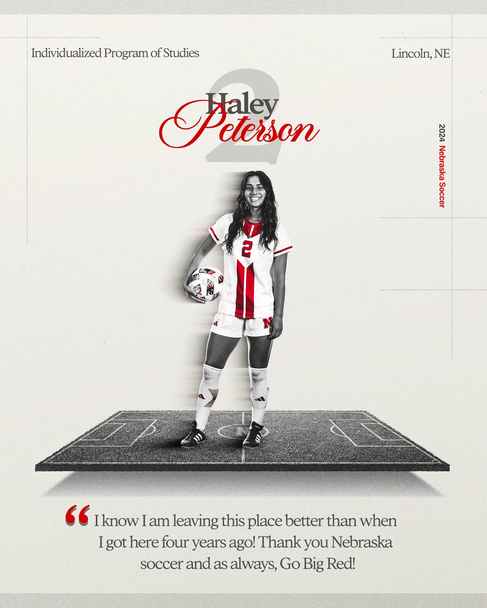 HuskerSoccer's tweet photo. Senior Spotlight: Haley Peterson

A forward from Lincoln, Nebraska, Haley is a Second-Team All-Big Ten nominee in 2023, a two time Academic All-Big Ten nominee and an Arthur Ashe Jr. Sports Scholar award recipient! Haley will be graduating with a degree in Individualized Program of Studies! 

Haley: “I’m so thankful for my four years at Nebraska. I have made lifelong friends and had experiences that I will never forget. There has been many challenges and successes throughout the years which I wouldn’t trade for anything. I know I am leaving this place better than when I got here four years ago. Thank you Nebraska soccer and as always Go Big Red!”