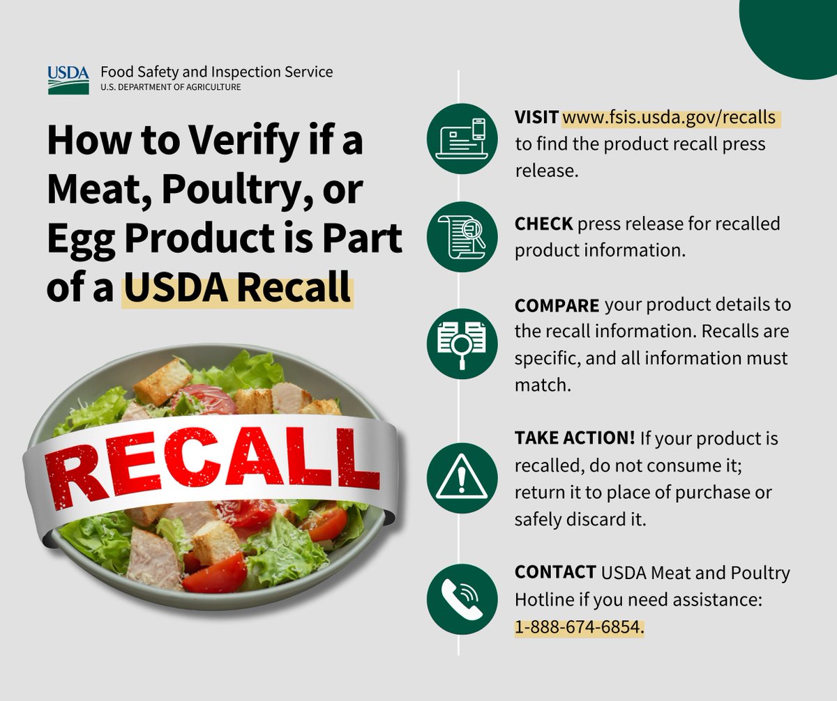 USDAFoodSafety's tweet photo. Unsure if your meat or poultry product is part of the BrucePac recall? Follow these simple steps. Protect your family by staying informed and taking necessary action. Check our website often, as additional products may be added: https://t.co/x2JF2elBl2 https://t.co/ckgcds78GI