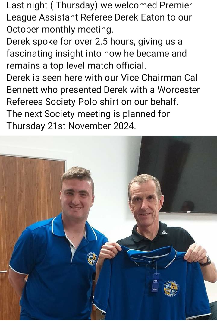 A superb evening enjoyed by all who attended. Very informative and hopefully an inspiration to many of our newer referees. ⚽️ #referees #WorcestershireHour #grassroots #PremierLeague #pgmol #farefereeing