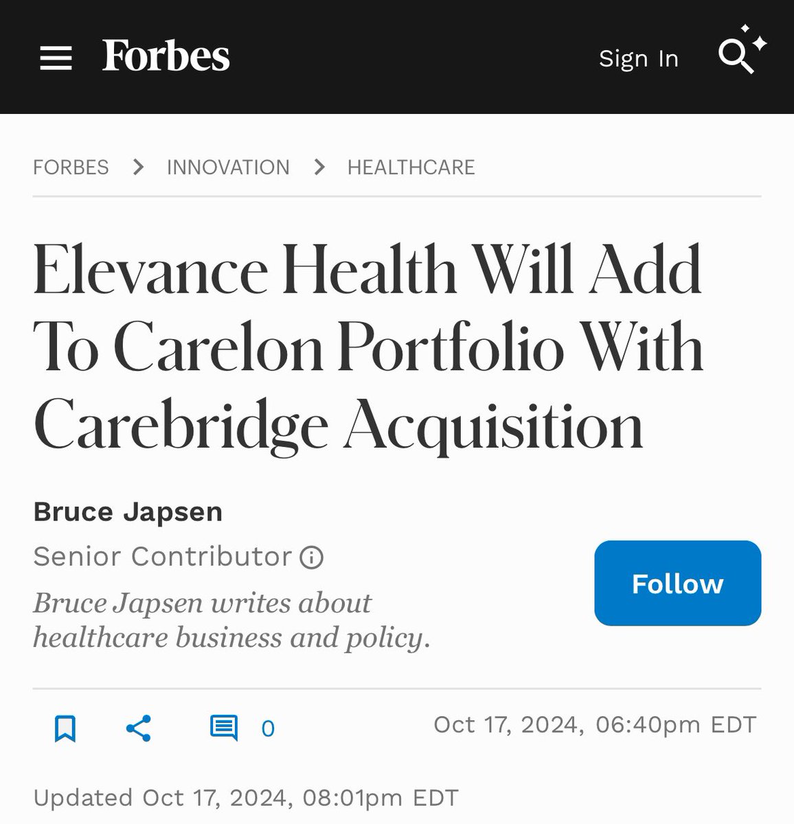 With Elevance Health’s announced acquisition of CareBridge, I predict home based care will be the hottest M&amp;A market over the next 5 years. Big deals are coming.

One important nuance, but I believe only the home based companies that serve Medicare patients will yield the highest