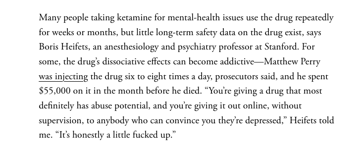 You have to respect <a href="/TheBorisLab/">Boris D Heifets</a>'s candour.

His appraisal of some online ketamine prescribing trends: “It’s honestly a little fucked up.”