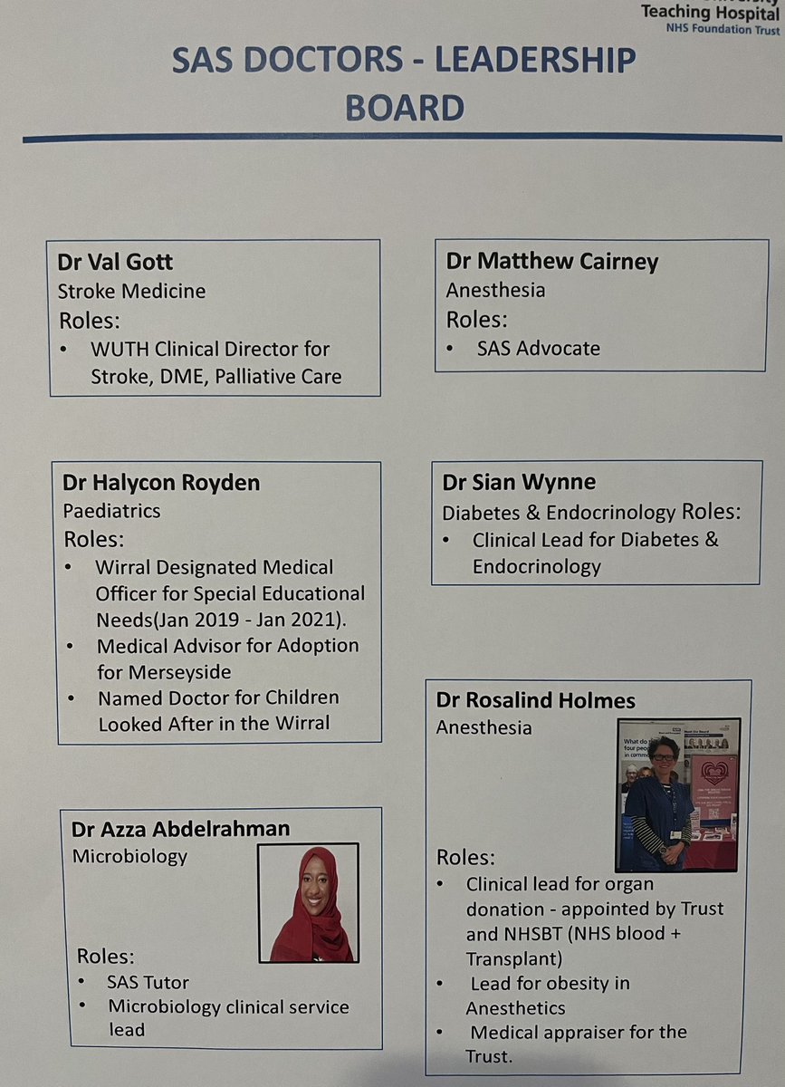 A week celebrating SAS doctors #SASWeek24 ends today but the appreciation &amp; support continues <a href="/WUTHnhs/">Wirral NHS Hospitals - Arrowe Park & Clatterbridge</a>. Azza. SAS Tutor discussed today’s theme- Wellbeing. The Leadership Board shows some of our other SAS leaders <a href="/WUTHstaff/">WUTH Staff</a>. Thanks to all SAS colleagues