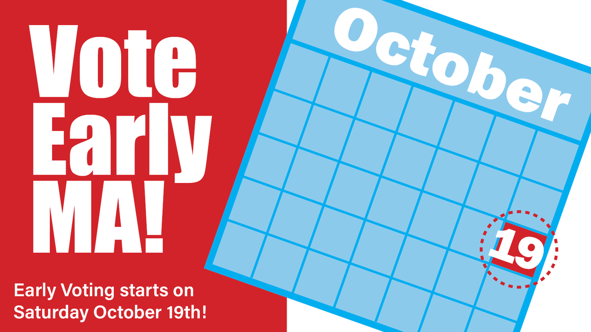 VotingInMass's tweet photo. Early voting starts tomorrow!

Every city &amp; town has in-person voting hours this weekend. You can beat the rush and cast your ballot before Election Day.

Find your town's voting locations &amp; hours: https://t.co/3onWMCOXiB https://t.co/FHqgbeq973