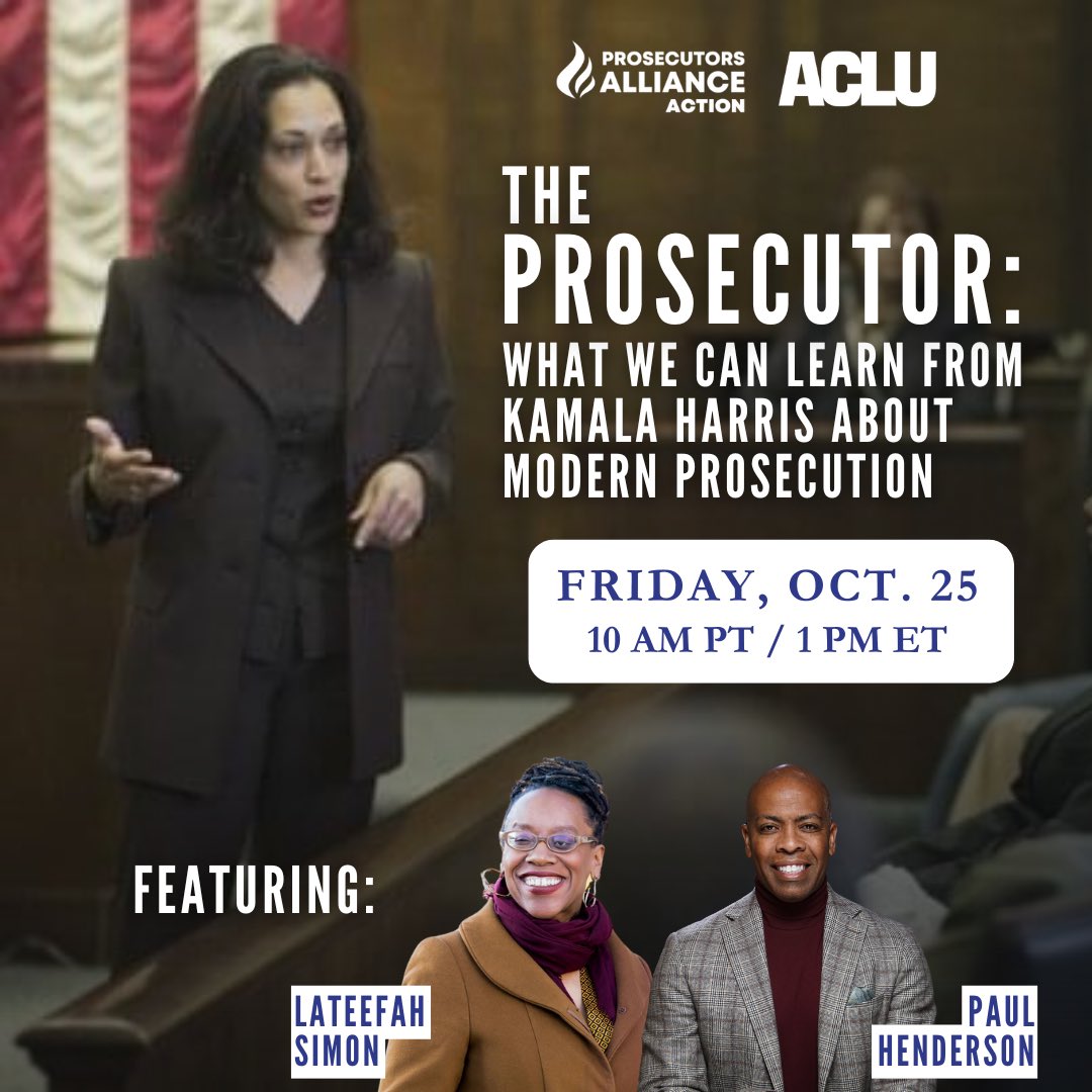 What lessons can <a href="/KamalaHarris/">Kamala Harris</a>’ record as DA &amp; AG offer for today’s prosecutors? Join PAA and <a href="/ACLU/">ACLU</a> on 10/25 for a webinar with <a href="/lateefahsimon/">Lateefah Simon</a> and <a href="/PaulHendersonSF/">Paul David Henderson</a>, who will share insights from their time working alongside then-DA Harris. 

Register now: prosecutorsallianceaction.org/events/