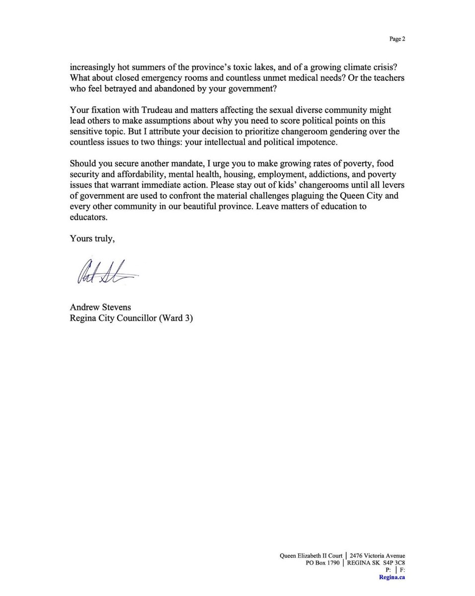 This letter from Andrew Stevens is pure hellfire 🔥 

How many more honest moments from people on the way out does this impotent Premier need? #skpoli