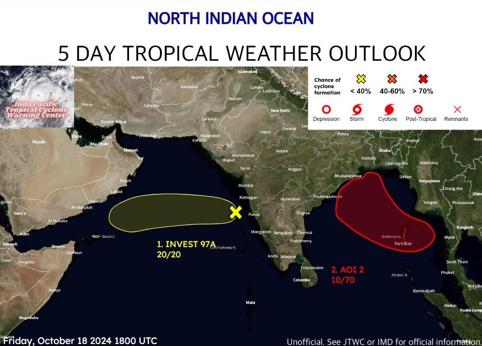 IPTCWC's tweet photo. North Indian Ocean Tropical Weather Outlook: IPTCWC is monitoring an area of interest over the Western Bay of Bengal for development early next week. Tropical cyclone strike becoming more likely in Odisha or West Bengal. Elsewhere, Invest #97A appears unlikely to develop. https://t.co/klU6j6qTmw