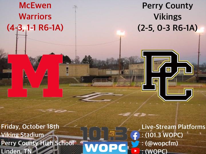 🚨 Game Day 🚨
🗓 October 18th
⏰ 6:45 p.m.
🆚 McEwen
📍 Linden, TN
🏟 Viking Stadium
🖥 <a href="/wopcfm/">WOPC FM</a> Facebook (101.3 WOPC) and YouTube (WOPC)
📻 101.3 FM
🎙 <a href="/TheJayHinson/">Jay Hinson</a> 
#PCFootball #VikingStrong