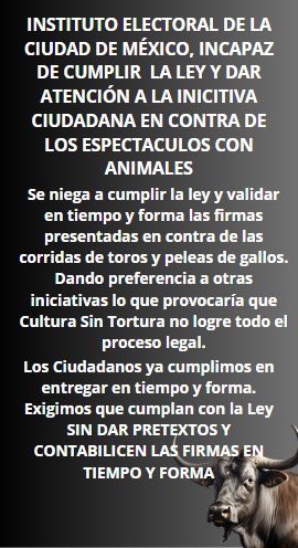 serj9021's tweet photo. Instituto electoral de la Ciudad de México, se niega a cumplir la ley y validar en tiempo y forma las firmas presentadas en contra de las corridas de toros. 
#iecm
 @iecm
#IECM 
#adn40 
@AristeguiOnline
@MVSNoticias
 #mvsnoticias 
@ClaraBrugadaM
#claudiasheinbaumpresidenta https://t.co/IiZ1laSEjP