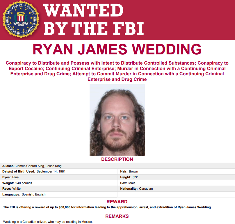 FBILosAngeles's tweet photo. Ryan James Wedding is #wanted for his alleged role in leading a violent organized crime network responsible for trafficking drugs into the U.S. and multiple murders to eliminate the competition. Have tips? Call #FBILA at 3104776565. #FugitiveFriday #Reward https://t.co/HCgvgjsSX9 https://t.co/gvoIJKnvqT