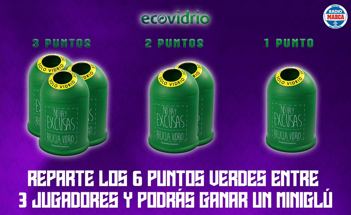 🤔 Ya puedes repartir los seis #PuntosVerdesEcovidrio ♻️ entre los tres mejores jugadores del <a href="/realvalladolid/">Real Valladolid C.F.</a> en la victoria (2-3) ante el <a href="/Alaves/">Deportivo Alavés</a>
 
🟢🟢🟢 3
🟢🟢 2
🟢 1
 
✅ Participa y podrás ganar un fantástico miniglú de <a href="/ecovidrio/">Ecovidrio 🌍</a> para reciclar en casa