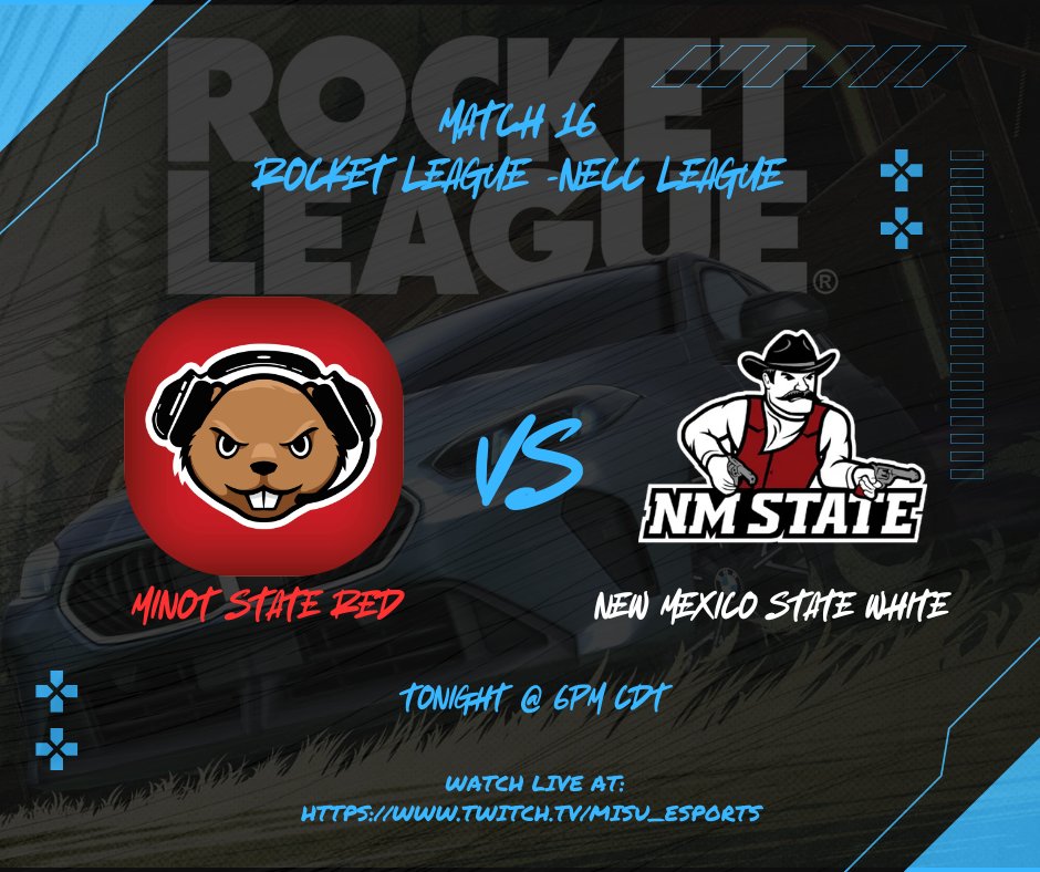 TONIGHT AT 6PM! Watch Minot State Esports Rocket League Team go against New Mexico State&gt;&gt;&gt;&gt;

+++

Tune in and watch live at:
twitch.tv/misu_esports