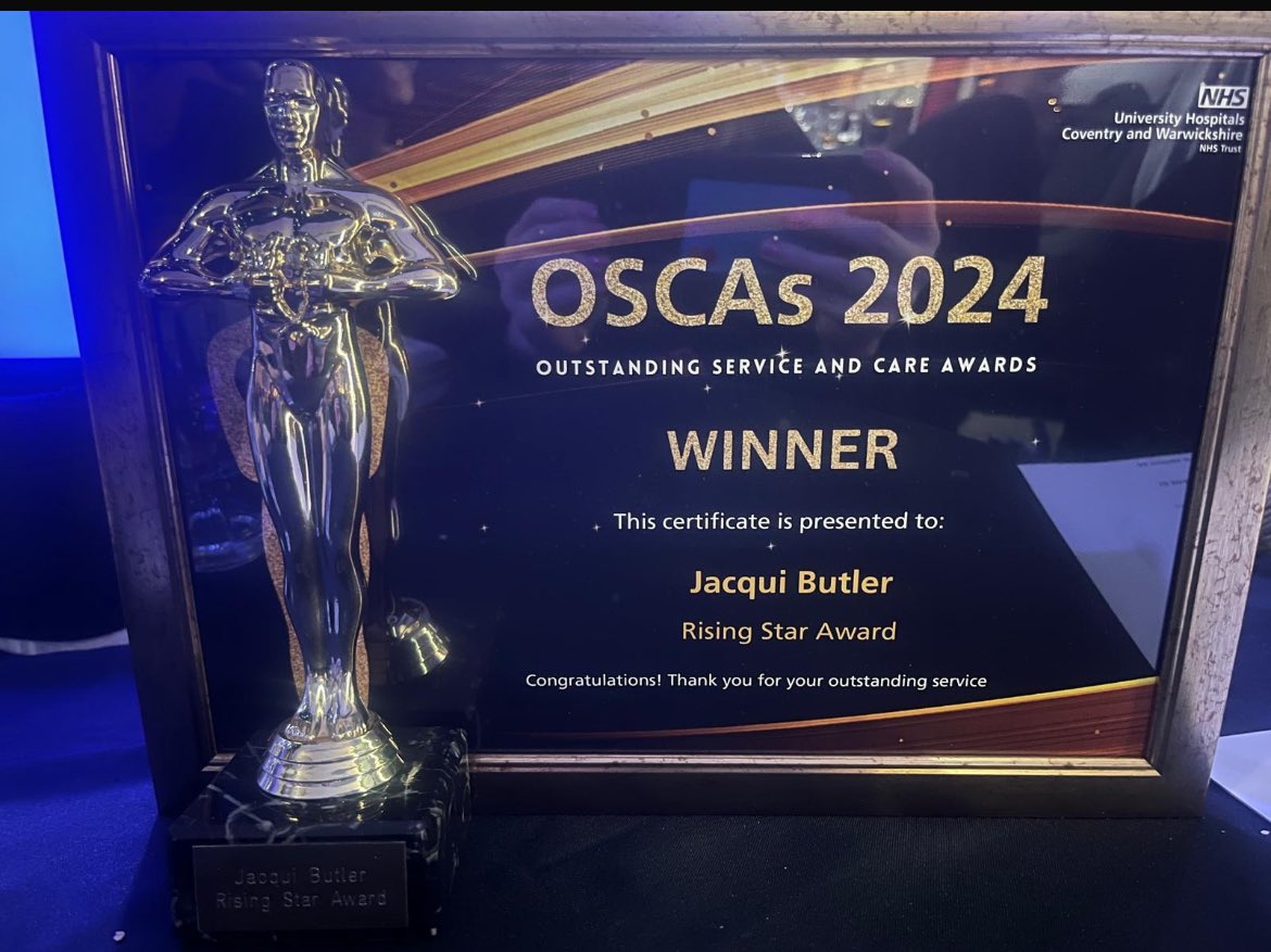 Well Jacqui did it !! - our very own <a href="/UHCWPatientExp/">@UHCW_PatientExperience</a> <a href="/UHCW_Quality/">@UHCW_Quality</a>  OSCA Winner !! “Rising Star” award - So very proud🤩Jacqui has made made such a fantastic contribution to our team - your OSCA is well deserved 👏👏👏<a href="/hayleybestt/">Hayley Best</a> <a href="/BrigstockTracey/">Tracey Brigstock</a>