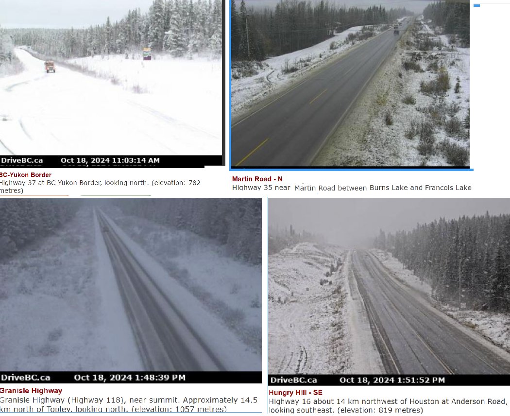 Snowfall &amp; slippery &amp; slushy conditions on #BCHwy16 #BCHwy118 #BCHwy35 #BCHwy37 especially at higher elevations.
Plan ahead - if you can, delay travel until the storms pass. 
Drive with care, ensure you have winter tires on
#ShiftIntoWinter &amp; check <a href="/DriveBC/">DriveBC</a>