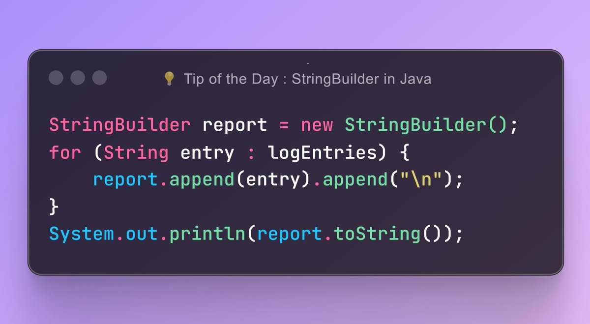 mlaiengineer's tweet image. project summaries, or log entries. Instead of creating a new string every time, StringBuilder allows you to append all the data efficiently in a single object.
In scenarios like this, StringBuilder ensures better performance and resource management.
#JavaTips #StringBuilder #MERN