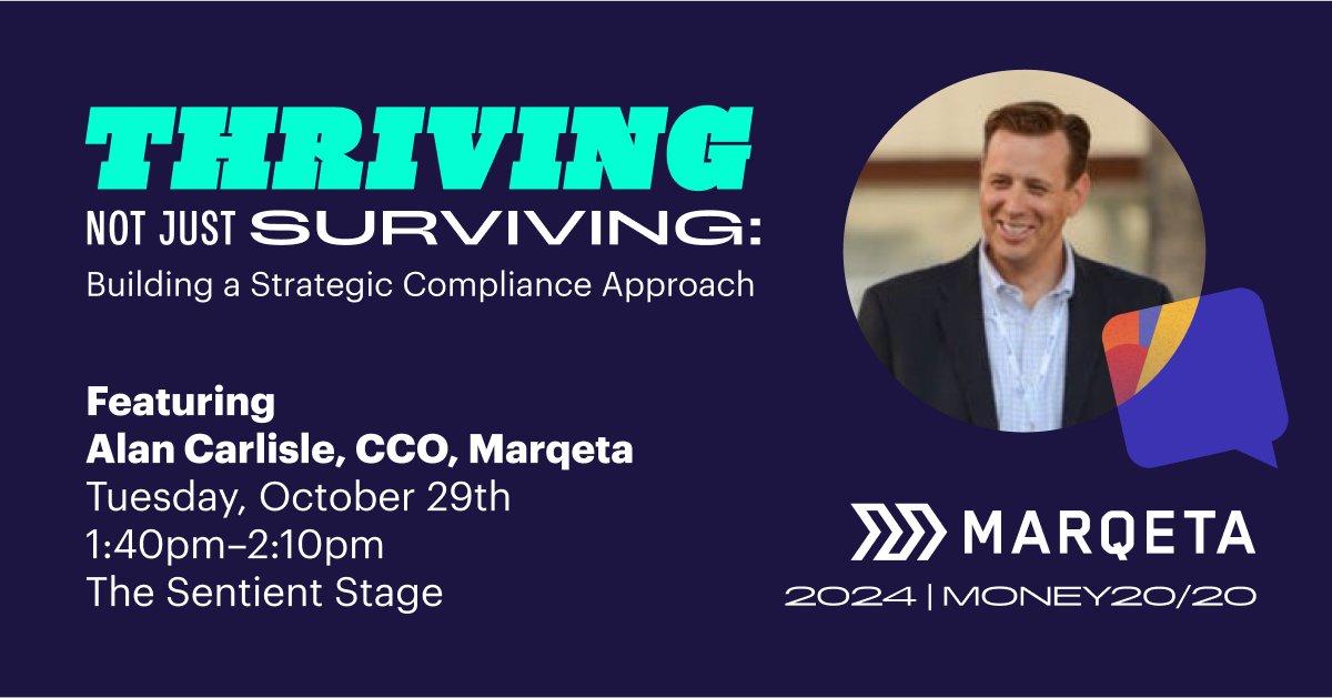 marqeta's tweet image. Counting down to #Money2020! 🎉 Be sure to catch Alan Carlisle, our CCO, on Tuesday at the event where he'll share insights on building a winning strategic compliance approach. 🔥 You won’t want to miss this one! Learn more 👉 bit.ly/3NqoSzf