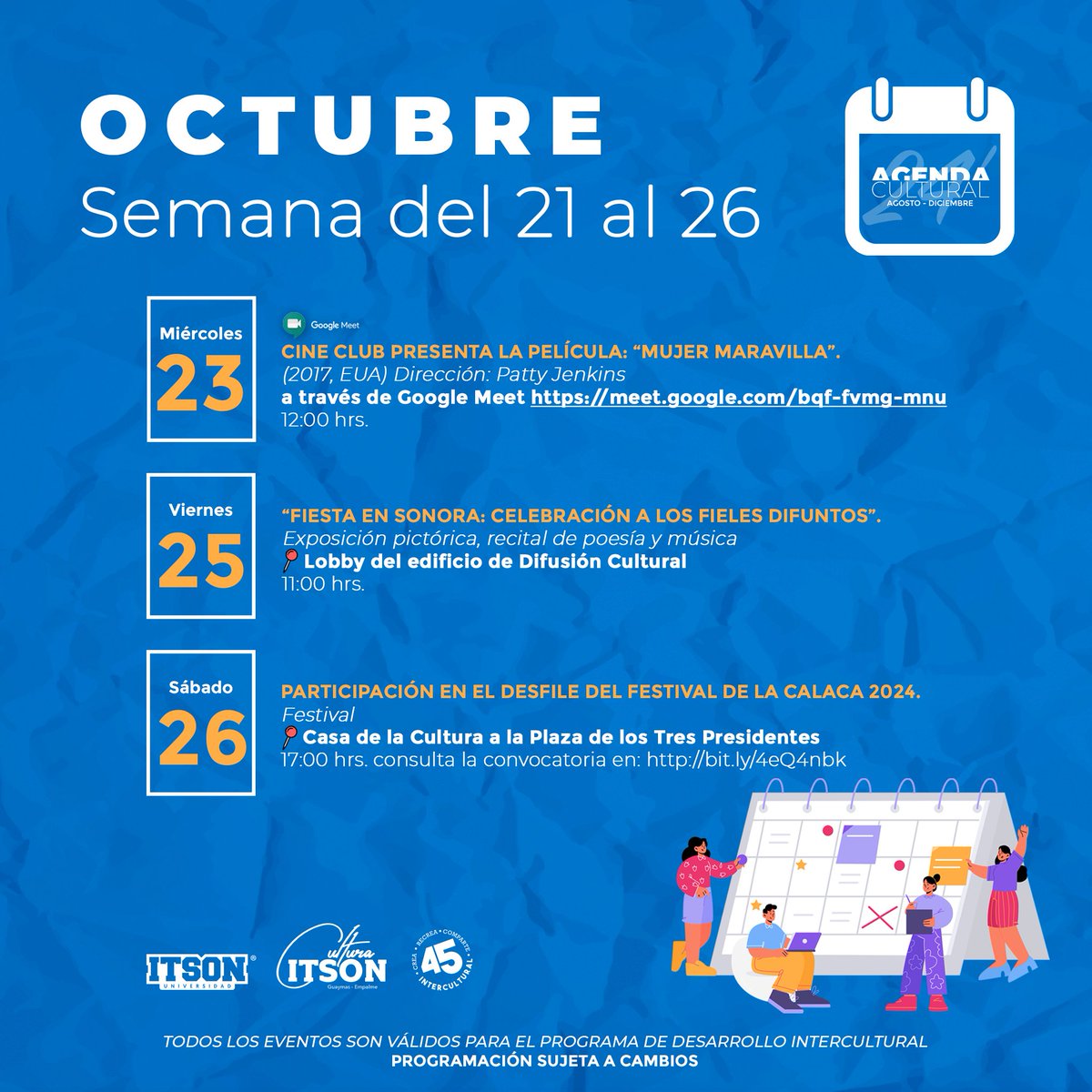 GuaymasItson's tweet photo. Alumno ITSON les compartimos la programación de las actividades que tenemos para ustedes esta semana, del 07 al 11 de octubre🗓️. 

Todos los eventos son válidos en horas para el Programa de Desarrollo Intercultural ✔️.   

#AgendaCultural2024 #CulturaITSONGuaymas https://t.co/QRl4W5t8ux