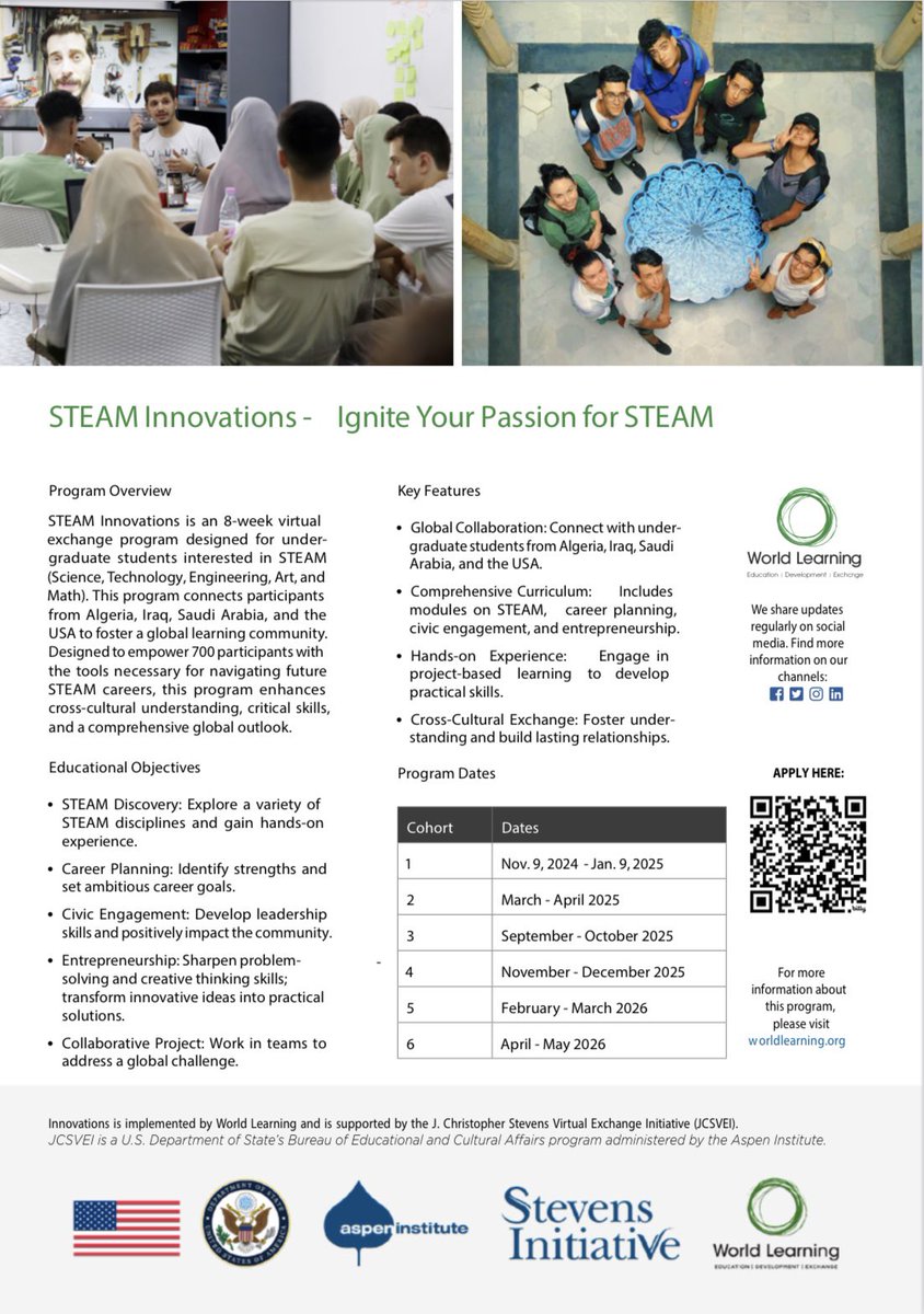 Global Ties Sacramento is excited to announce our partner World Learning’s free 8-week virtual exchange through the STEAM Innovations Program.  
 
Boost your skills, build your resume, and make a difference! 
 
Apply now (Nov. 1st deadline): forms.gle/AoFvCA5D4V6jBD…