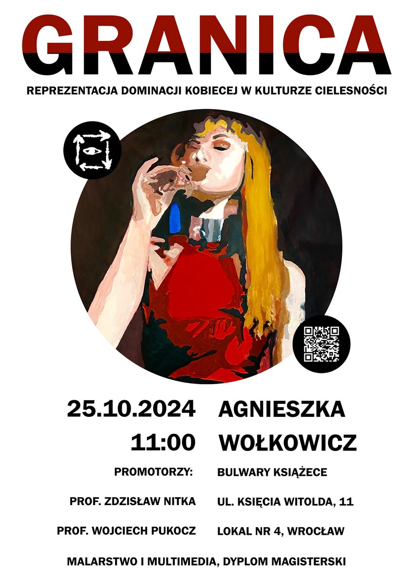 Link do wydarzenia: fb.me/e/4Xnak0V8V  
Serdecznie zapraszam na wernisaż mojej wystawy pt. „Reprezentacja Dominacji Kobiecej w Kulturze Cielesności”, który odbędzie się 25 października o godzinie 11:00 w Bulwarach Książęcych  ul. Księcia Witolda 11, Wrocław
#wernisaż