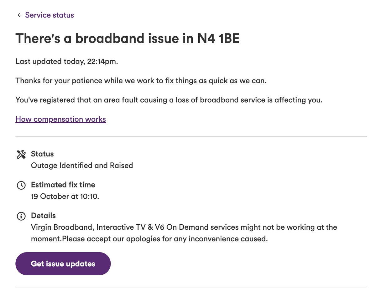 Alex00163110's tweet photo. @virginmedia UPDATE: The status page now says the fix will take place on October 19 at 10.10am.

4 days, 12 hours and counting without broadband

No communication from Virgin Media.

Next update after the 10.10am estimate. https://t.co/DssC5DUThq