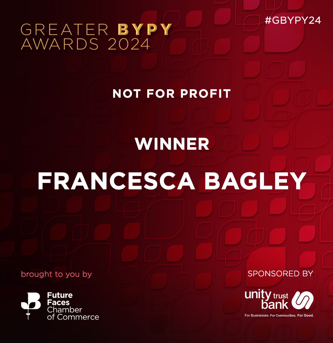 Our #NotforProfit winner is Francesca Bagley from <a href="/UnitedBy2022/">United By 2022</a> ! 🥳🍾⭐️ Kindly sponsored by <a href="/unitytrustbank/">Unity Trust Bank</a> 👏 #GBYPY24