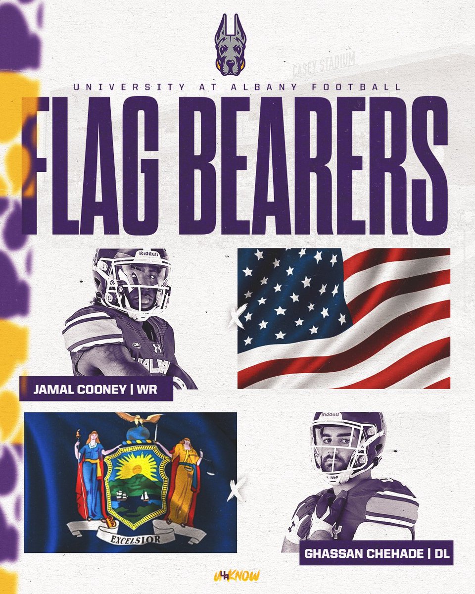 UAlbanyFootball's tweet photo. Today's flag bearers 🫡

🇺🇸 @d1_mal
🗽 @GhassanChehade2 

#UAUKNOW https://t.co/Kx3LPWb34E