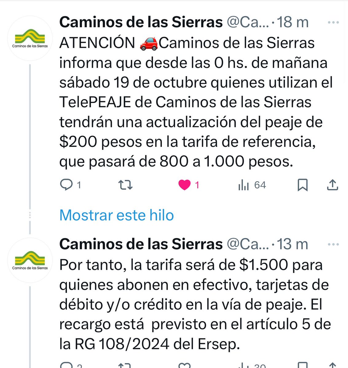 ATENCIÓN Caminos de las Sierras aumenta 50 por ciento el peaje y de 1000 pesos pasa a 1500 pesos para quienes paguen en efectivo. Telepeaje de 800 pasa a 1000 pesos. 
Mejoras ??? NINGUNA <a href="/Cadena3Com/">Cadena 3 Argentina</a>