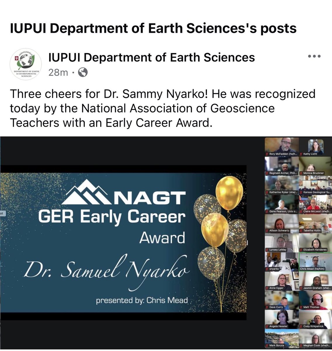 Dr. Samuel Cornelius Nyarko (@drscnyarko) on Twitter photo I received the <a href="/nagtgeo/">National Association of Geoscience Teachers</a> Early Career Award for Geoscience Education Research today at a virtual event held by NAGT. Thanks to all my mentors, collaborators and especially my wonderful colleagues <a href="/IUIScience/">School of Science at IU Indianapolis</a> I received the <a href="/nagtgeo/">National Association of Geoscience Teachers</a> Early Career Award for Geoscience Education Research today at a virtual event held by NAGT. Thanks to all my mentors, collaborators and especially my wonderful colleagues <a href="/IUIScience/">School of Science at IU Indianapolis</a>