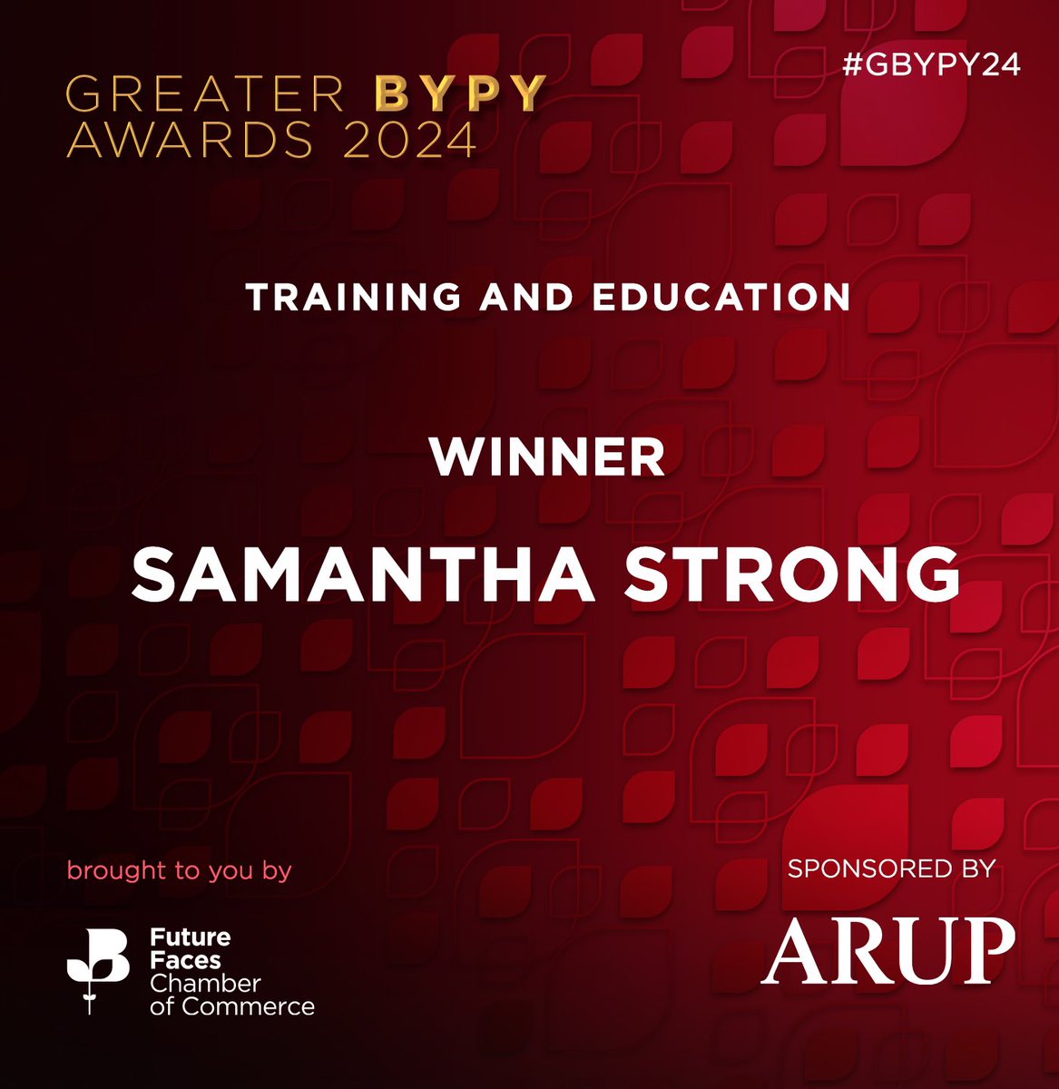 This year’s #Training and #Education winner is Samantha Strong from <a href="/AstonUniversity/">Aston University</a>! 🥳🍾🎉  Kindly sponsored by <a href="/Arup/">Arup</a> 🤝🏼 #GBYPY24