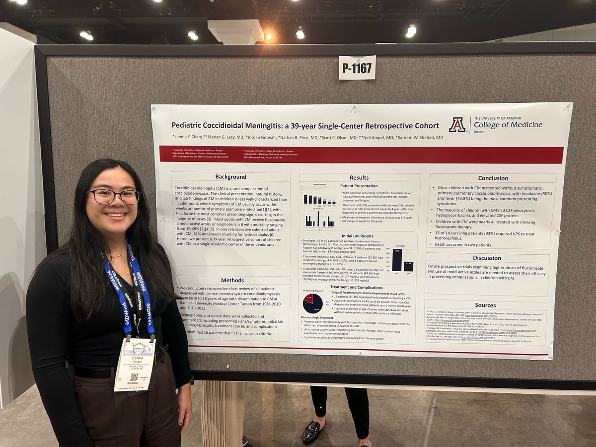 University of Arizona- Infectious Disease Division (@uazdivid) on Twitter photo Very proud of Lienna Chan, second-year medical student at University of Arizona COM, for presenting her research on pediatric coccidioidal meningitis! <a href="/UAZMedTucson/">UA College of Medicine – Tucson</a> <a href="/UAZMedicineEdu/">UA IM Education</a> #IDWeek2024 <a href="/IDWeekmtg/">IDWeek</a> Very proud of Lienna Chan, second-year medical student at University of Arizona COM, for presenting her research on pediatric coccidioidal meningitis! <a href="/UAZMedTucson/">UA College of Medicine – Tucson</a> <a href="/UAZMedicineEdu/">UA IM Education</a> #IDWeek2024 <a href="/IDWeekmtg/">IDWeek</a>