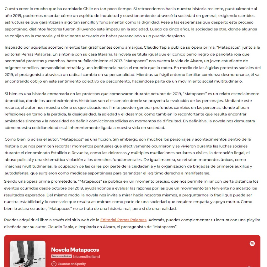 Muchas gracias a <a href="/Nacion_Rock/">Nación Rock</a> por esta crítica a <a href="/NovelaMatapacos/">Novela Matapacos</a> (Editorial @PerrasPalabras, 2024) nacionrock.com/matapacos-una-…