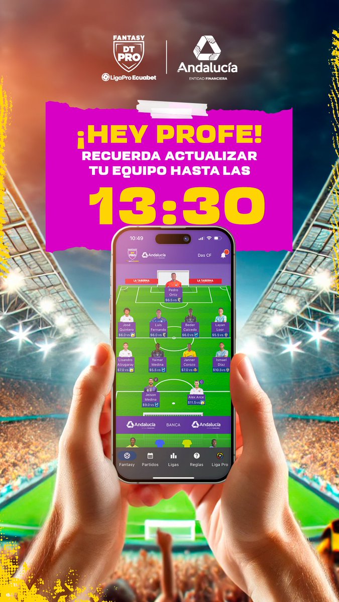 ⏰ ¡Atención, Profe! Hoy tienes hasta las 13:30 para actualizar tu equipo en DT Pro Fantasy. ⚽️💥 No dejes que se te pase, ajusta tu estrategia y asegura esos puntos clave. ¡Cada minuto cuenta! 💪🔥 #TodosSomosDT