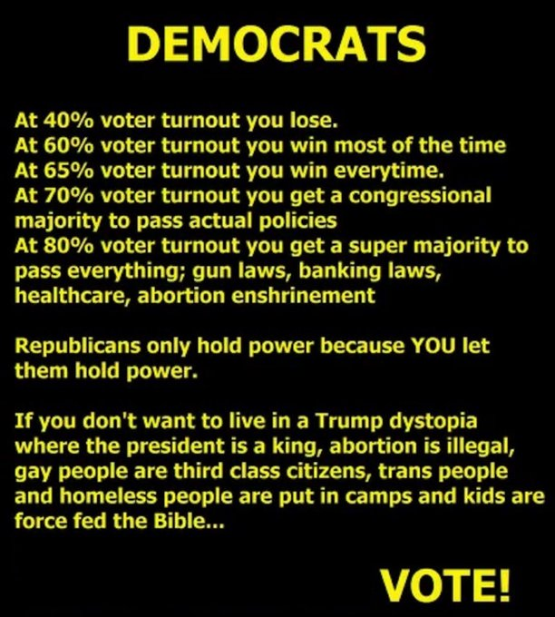 mmpadellan's tweet photo. REMINDER: If we turnout the vote in numbers too big to rig, we get:
- An INCREDIBLE, highly-qualified person to serve as our first ever Woman Commander in Chief
- Hakeem Jeffries as our Speaker of the House
- To hold onto the Senate majority
- To see trump get sentenced to prison after suffering his third (and final) popular vote loss

Let's do this!