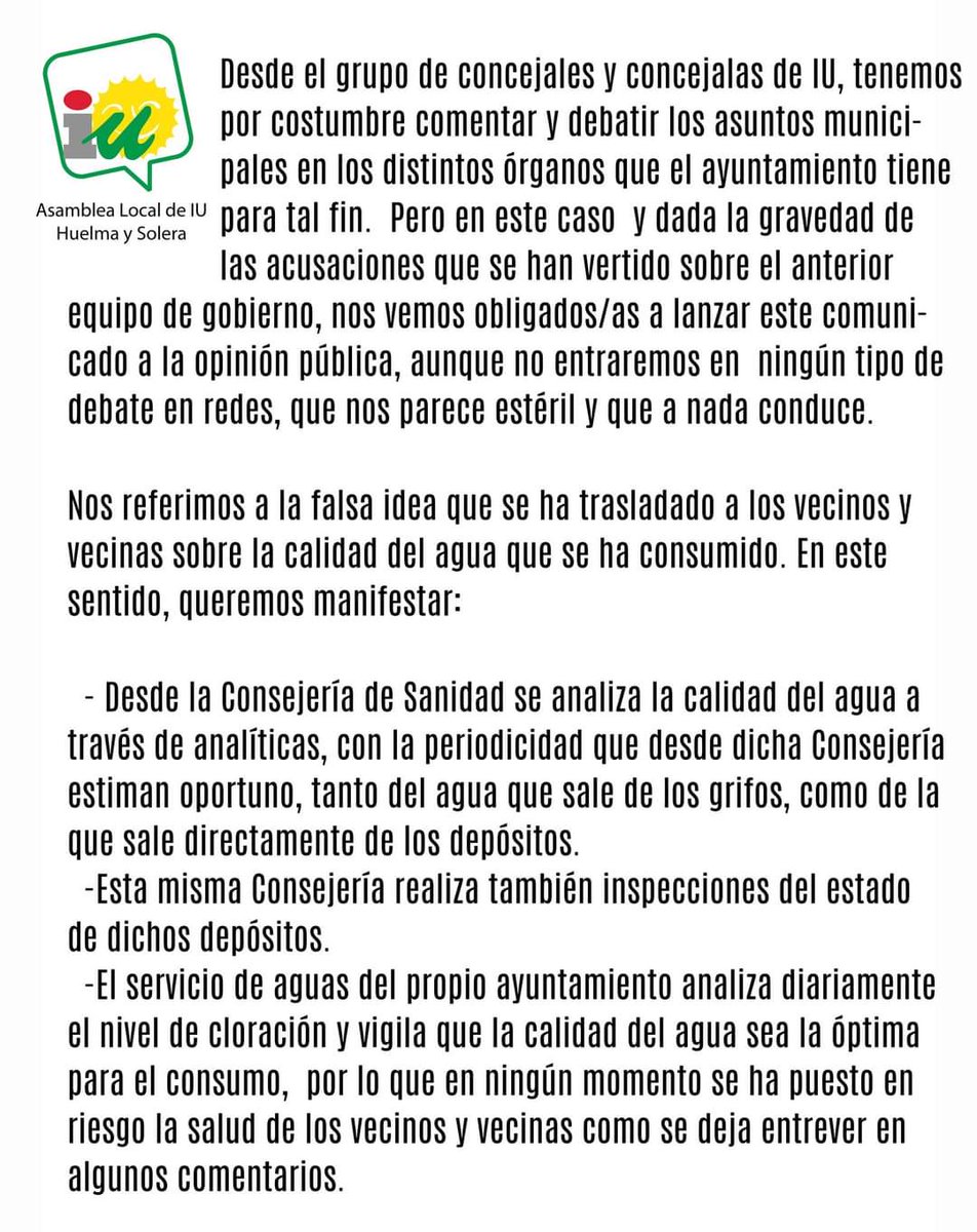 HuelmaUnida's tweet photo. 📨Comunicado de la asamblea local de Izquierda Unida 📨

#IUHuelmaSolera #agua #Huelma #solera https://t.co/8uPFDEKRJr