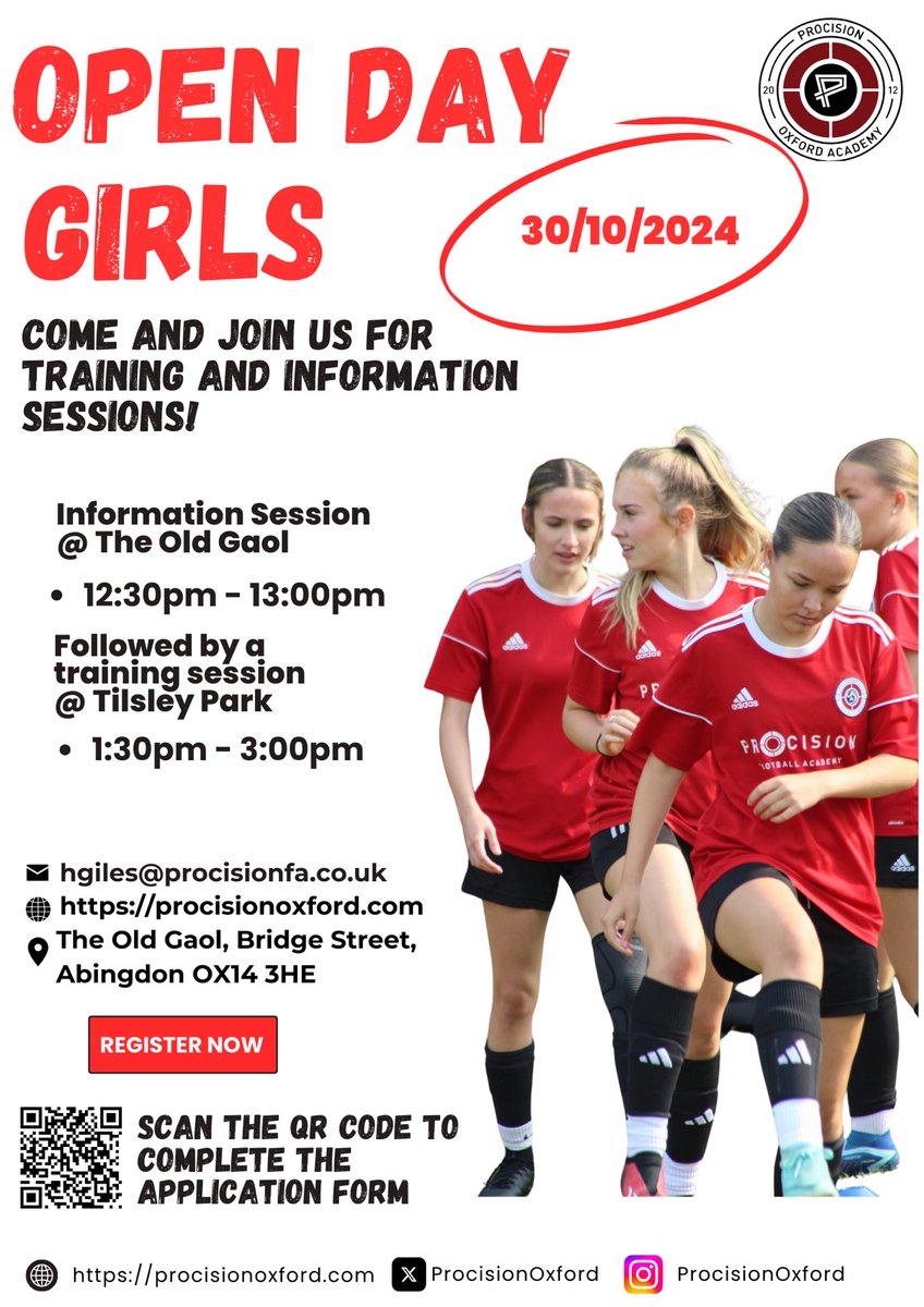 ⚽️Procision Oxford Male &amp; Female Open Days⚽️

This October half term we are hosting a male and female open day for all new applicants and students looking to explore their potential next steps✅

This will include an information session along with a training session to give you a