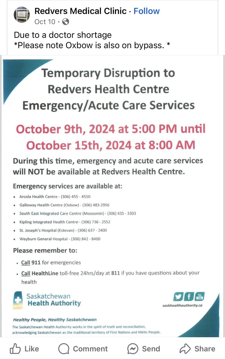 Southeast corner of rural #Sask. currently experiencing major emergency service disruptions. 

Oxbow &amp; Redvers are on bypass for 6 days. 

Arcola is on high alert. 

#skpoli