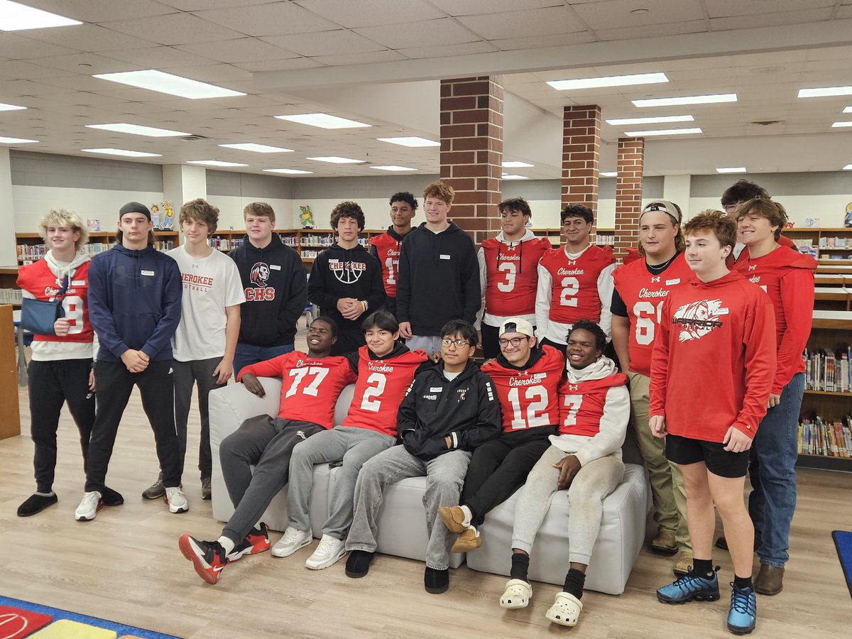 Books 📚 and smiles 😃 were the key to warming up a chilly 🥶 morning as our <a href="/WarriorsCHS/">CHS Warrior Football</a> players hung out with their friends at <a href="/LibertyES1/">Liberty ES - Canton</a> this morning. Another AWESOME start to a gameday Friday! <a href="/CHS_Warriors/">Cherokee HS Warriors</a> <a href="/LES_MediaCenter/">Liberty Elementary School Media Center</a> <a href="/CcsdMedia/">MediaCCSD</a> <a href="/CcsdCares/">CCSD C.A.R.E.S.</a> <a href="/CoachAdamHolley/">Adam Holley</a>