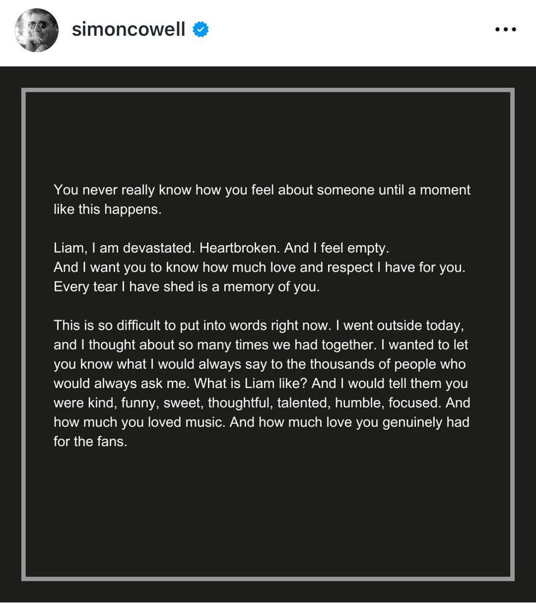 PopCrave's tweet photo. Simon Cowell honors Liam Payne in new post:

“Liam, I am devastated. Heartbroken. And I feel empty. And I want you to know how much love and respect I have for you. Every tear I have shed is a memory of you.” https://t.co/Q1siNNtXS0