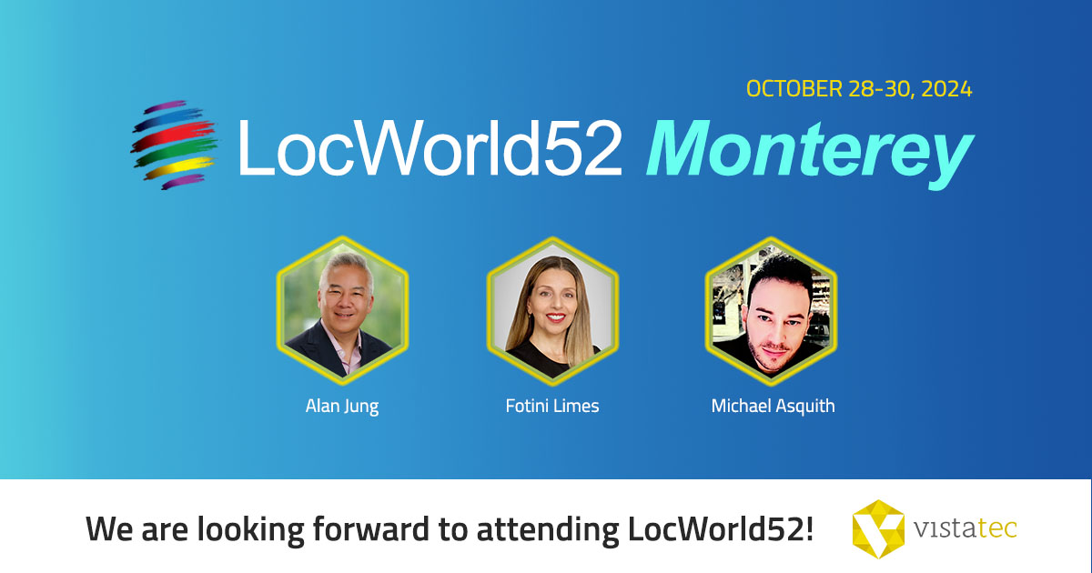 Take our AI in Localization “Are you up to speed?” scorecard, aiinlocalization.scoreapp.com, to see how prepared you are for AI and how it impacts your localization plans.
#Vistatec #LocWorld52