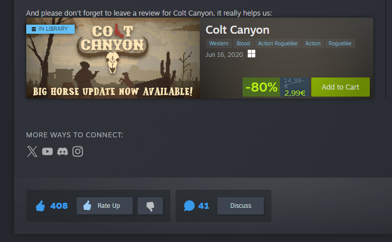 Retrific's tweet photo. Reached over 400 likes on the steam announcement for Colt Canyon Update 1.3! Seeing people excited for and playing what I've created is the best feeling 🫶

Now working on getting this and additional fixes ready for all other platforms

#gamedev #roguelike #screenshotsaturday https://t.co/AZwabgKu6e