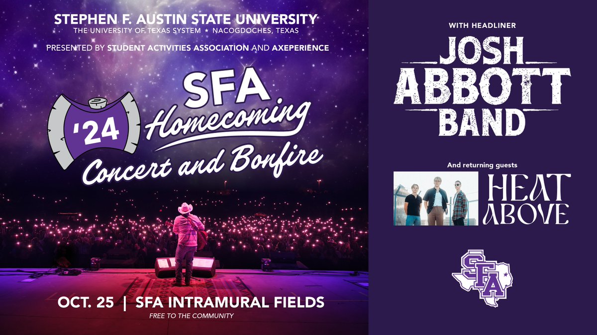 When a country star sings about the “green trees of Nacogdoches,” it’s going to be a night to remember! 🌲🎶
<a href="/JoshAbbottBand/">Josh AbboŦŦ</a> is headlining the #SFAHomecoming bonfire and concert! The fun starts at 7 p.m. Friday, Oct. 25, at the SFA Intramural Fields. gosfa.com/hoco24 🔥🎶