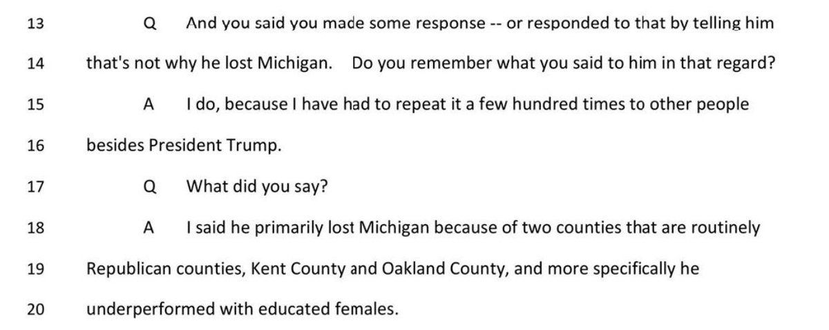 ArtCandee's tweet photo. From the document drop by Judge Tanya Chutkan of evidence from Jack Smith:

I love that somebody told Donald Trump that he lost Michigan because he "underperformed with educated females."

Especially since it's gonna happen again!

🍿 https://t.co/eXmaMpEuXM