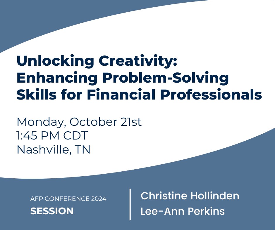 We are proud to announce that Christine Hollinden will be presenting "Unlocking Creativity: Enhancing Problem-Solving Skills for Financial Professionals" at this year’s <a href="/AFPonline/">AFP</a> conference with Lee-Ann Perkins, an experienced treasury professional.
 #AFP2024