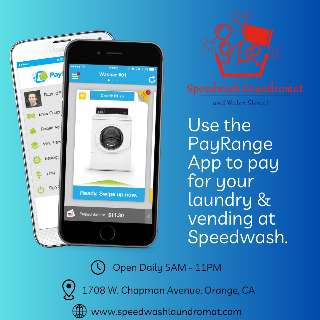 SpeedwashOrange's tweet photo. Our Washers, Dryers & Vending Machines are APP FRIENDLY!
Use the #PayRange App to pay for your #laundry & vending at #Speedwash #Laundromat
+ Collect Loyalty Points, Get Exclusive offers & more!
📍1708 West #Chapman, #Orange, CA.
🕔Open Daily 5AM - 11PM
⚠Last Wash at 9:30PM https://t.co/WHMoRoiVCK
