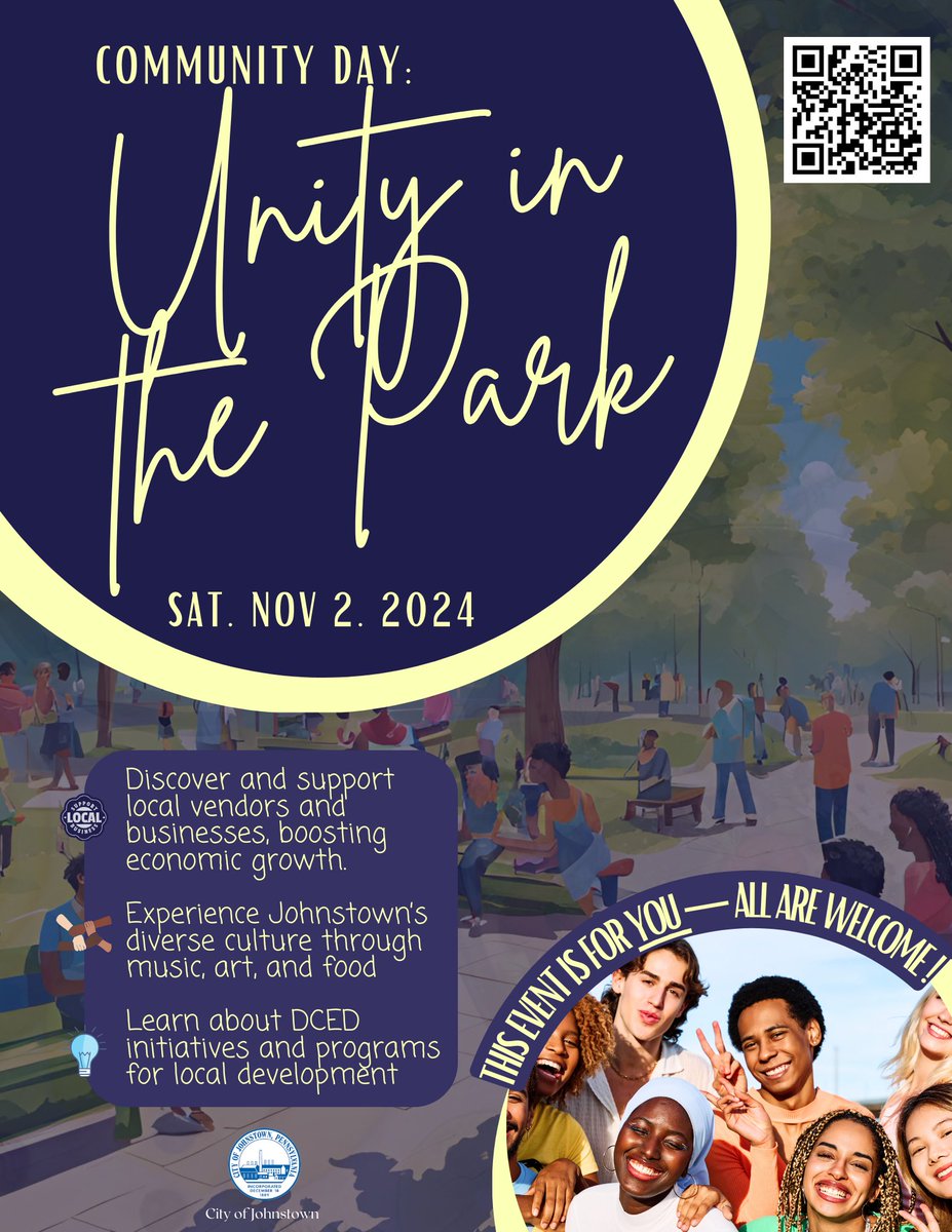 Join us for Unity in the Park on Nov 2, 2024, from 10 AM to 6 PM at Central Park! Connect with local businesses and share your thoughts on Johnstown's future. Entry is FREE! Vendors and artists, sign up here: forms.gle/xo1FiKrtRSoFib… 🌈 #UnityInThePark #JohnstownCommunity