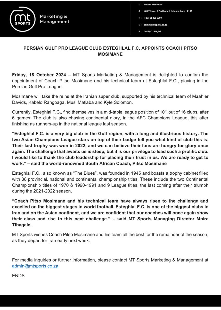 robertmarawa's tweet image. 🔴 NAZOOOOOOOOOOO!! 🔴

[BREAKING!!]

@TheRealPitso has just finished putting pen to paper at Esteghlal F.C. which plays in the Persian Gulf Pro League!! 

Congratulations, Coach!! ✍️🏽

Read more!!👇🏾👇🏾