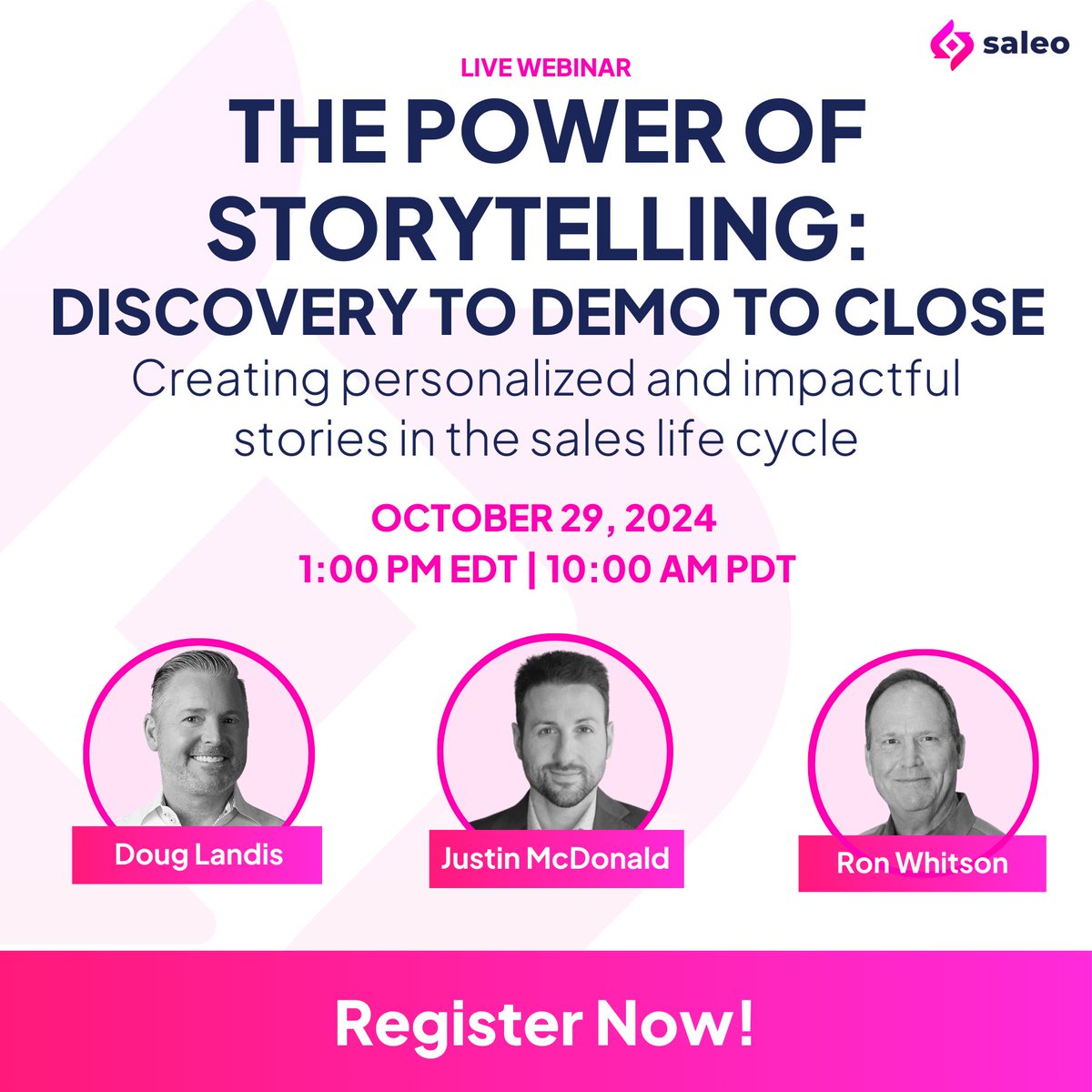 getSaleo's tweet photo. Did you know that reps who weave storytelling into their demos are 22% more likely to move prospects to the next stage? 
Join us on October 29th for The Power of Storytelling, featuring sales legends Doug Landis, Justin McDonald, and Ron Whitson. https://t.co/I4OqKlr4Yq https://t.co/Nx0lRP7fP1