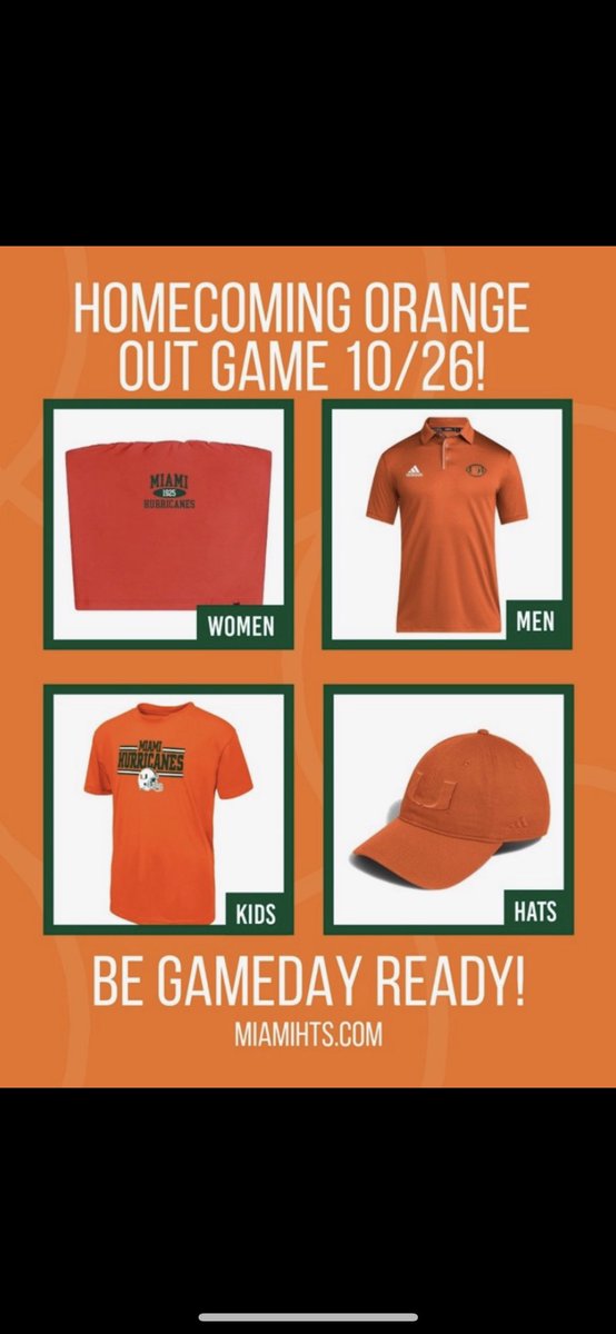 Miami vs. FSU Homecoming is just around the corner! Time to Orange Out the stadium 🟧🏈 Order your gear now from @MiamiHTS to get it in time MiamiHTS.com/collections/or…