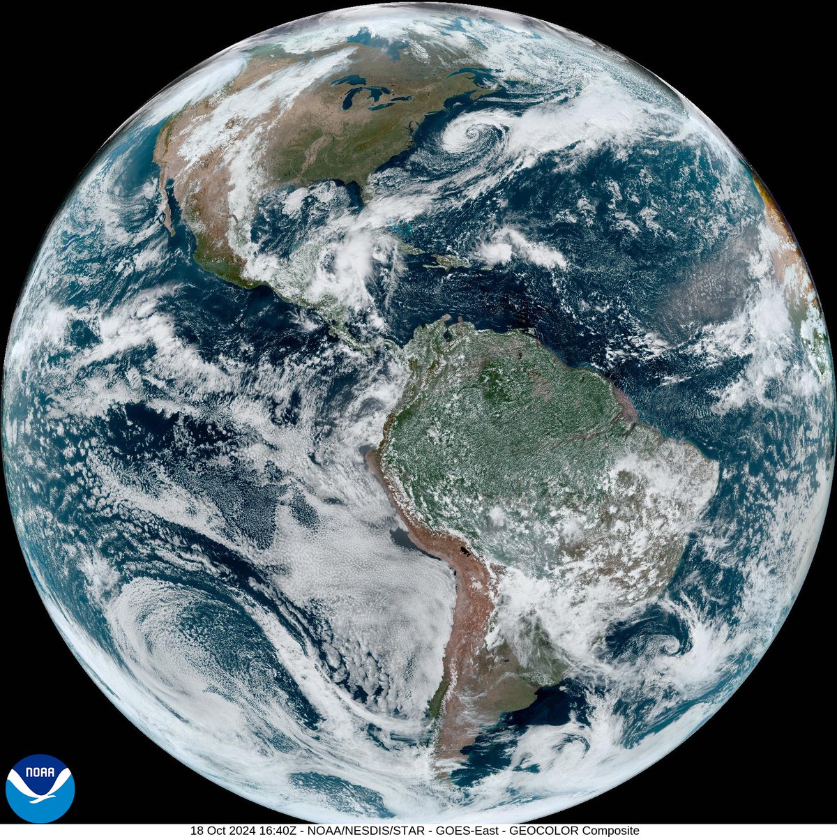 NOAASatellites's tweet photo. We never get tired of this #GeoColor view of our part of the world. This #FullDiskFriday image was captured with @NOAA's #GOESEast 🛰️ today, as it watched from geostationary orbit.
There’s always a lot to see when looking back at Earth from space. What’s catching your eye in this imagery? 🌎🔍